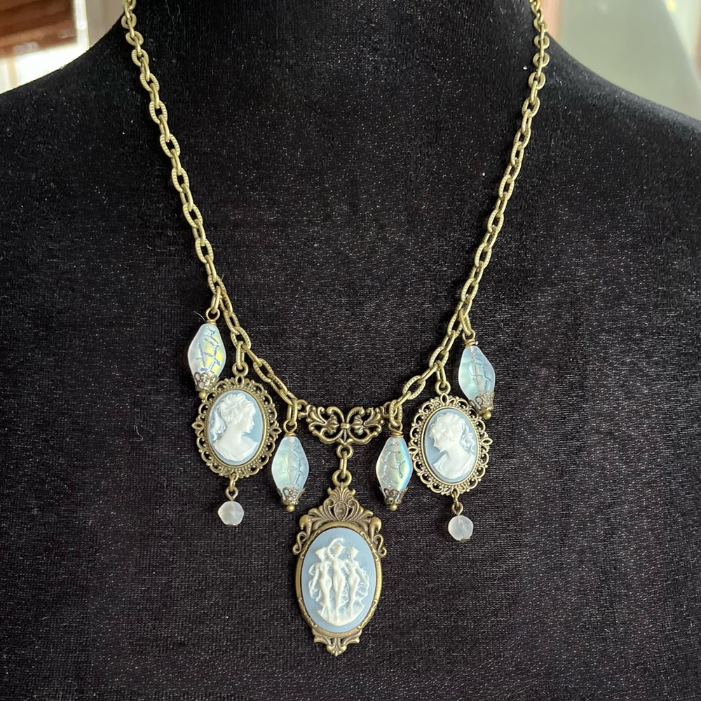 Vintage Cameo Wedgewood Blue Style Choker Three Fates Necklace